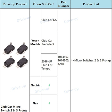 4 Pack Micro Switch 2 and 3 Prong Fit Club Car DS Precedent Tempo Golf Cart OEM 1014807 1014808 (1014807) 4Pcs -