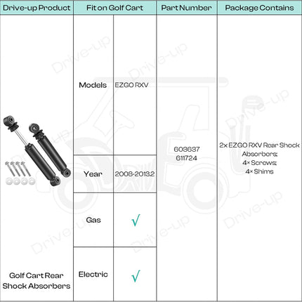 Rear Shock Absorbers for EZGO RXV Golf Cart Gas Electric Models 2008-2013.2,Replaces 603637 611724 -