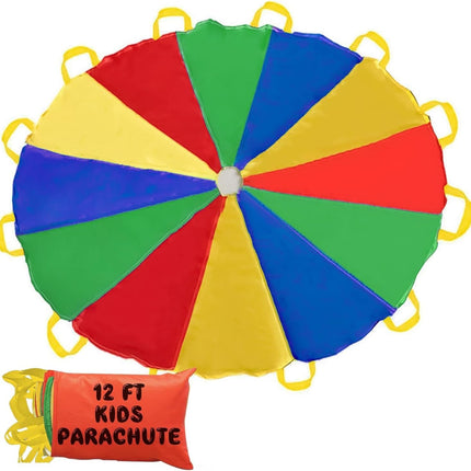 Parachute Kids Play 8FT,10FT,12FT,16FT,20FT for 8-12 Years Game, Party Game Multicolored 12FT with 12 Handles