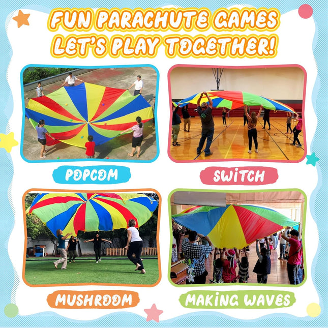 Parachute Play Parachute 10ft 12ft 16ft with 12 Handles 20ft 24ft 16 for Kids Cooperation Group – product detail