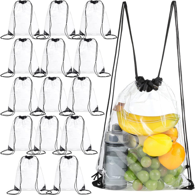 15 Pieces PVC Clear Drawstring Bag Small Waterproof Plastic Backpack For Stadiums Sporting Events (Black)