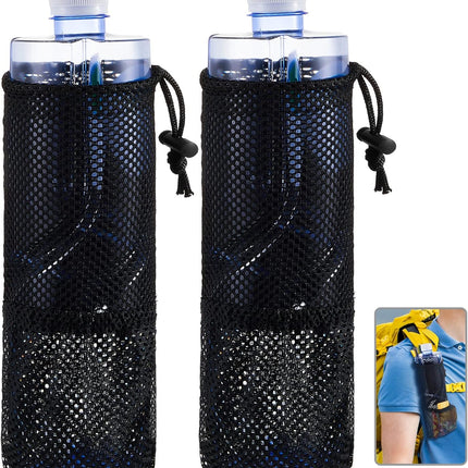 2 Pcs Water Bottle Holder for Backpack Foldable Mesh and Snack Adjustable Pouch Tactical Attachments Carrier Hiking Bicycle(Black) -