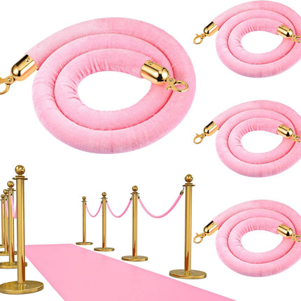 4 Pieces Pink Velvet Stanchion Rope 5 Feet Ropes with Gold Clasps for Party Hotels Wedding Movie Theaters Grand Openings Crowd Control Barrier Supplies -