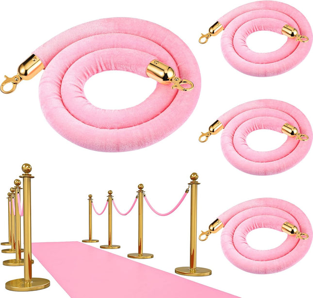 4 Pieces Pink Velvet Stanchion Rope 5 Feet Ropes with Gold Clasps for Party Hotels V1259-DP01-A-5521