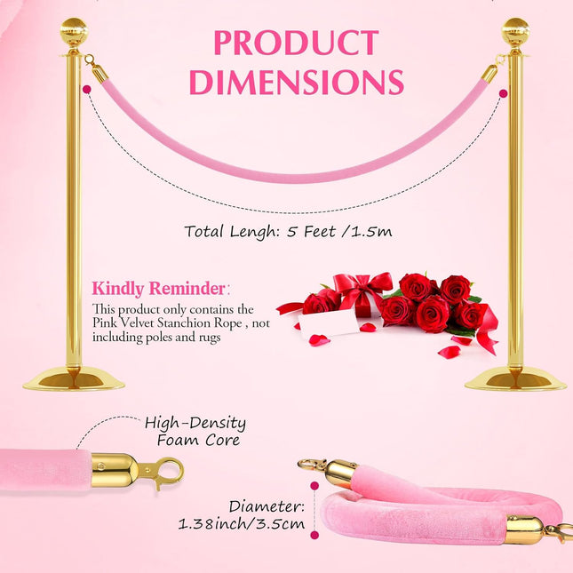 4 Pieces Pink Velvet Stanchion Rope 5 Feet Ropes with Gold Clasps for Party Hotels – product detail