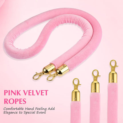 4 Pieces Pink Velvet Stanchion Rope 5 Feet Ropes with Gold Clasps for Party Hotels Wedding Movie Theaters Grand Openings Crowd Control Barrier Supplies -