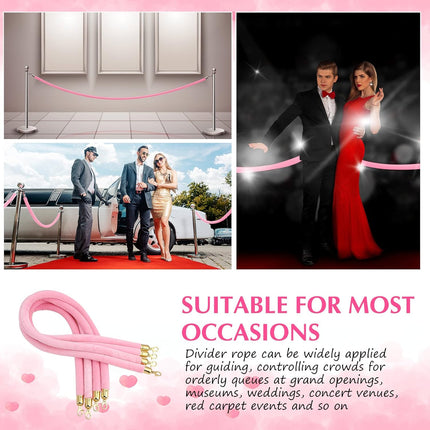 4 Pieces Pink Velvet Stanchion Rope 5 Feet Ropes with Gold Clasps for Party Hotels Wedding Movie Theaters Grand Openings Crowd Control Barrier Supplies -