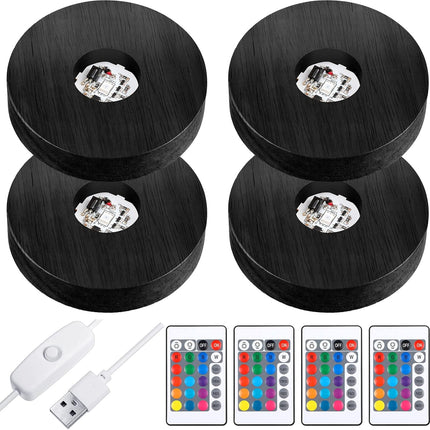 4 Pieces Wood LED Display Light Base Crystal Stand Remote Control Round 16 Lighting Modes Wooden Lighted Holder Colorful Pedestal for Glass Resin Ball(Black) black -