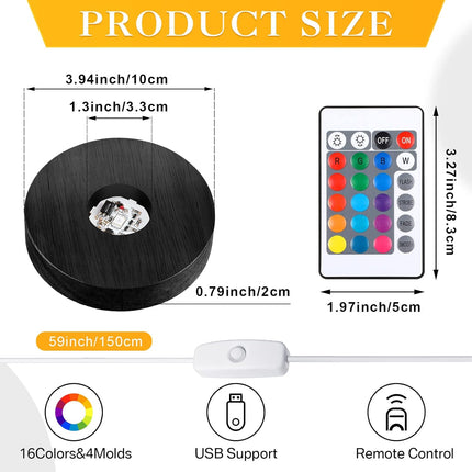 4 Pieces Wood LED Display Light Base Crystal Stand Remote Control Round 16 Lighting Modes Wooden Lighted Holder Colorful Pedestal for Glass Resin Ball(Black) black -