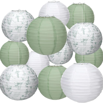 18 Pcs Floral Paper Lantern Set 10" 8" Sage Green and White Flower Chinese Chinoiserie Hanging Decoration for Ceiling Wedding Bridal Shower Birthday Party Supplies -