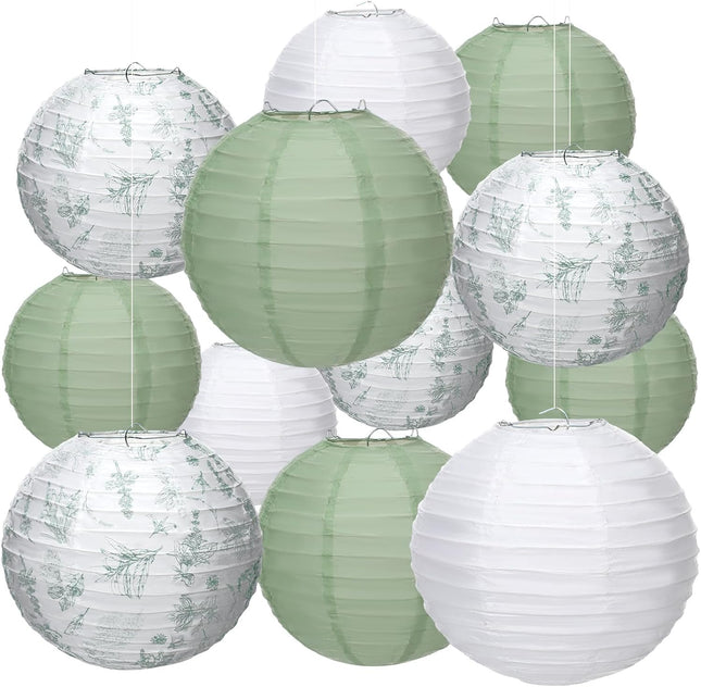 18 Pcs Floral Paper Lantern Set 10 8 Sage Green and White Flower Chinese Chinoiserie V1259-DP01-A-5537