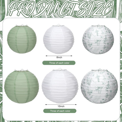 18 Pcs Floral Paper Lantern Set 10" 8" Sage Green and White Flower Chinese Chinoiserie Hanging Decoration for Ceiling Wedding Bridal Shower Birthday Party Supplies -