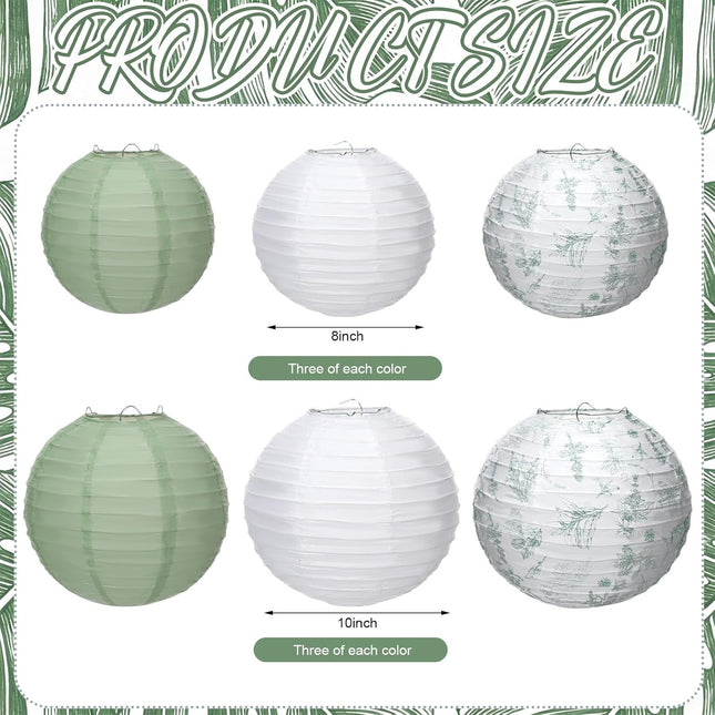 18 Pcs Floral Paper Lantern Set 10 8 Sage Green and White Flower Chinese Chinoiserie – product detail