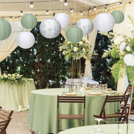 18 Pcs Floral Paper Lantern Set 10" 8" Sage Green and White Flower Chinese Chinoiserie Hanging Decoration for Ceiling Wedding Bridal Shower Birthday Party Supplies -