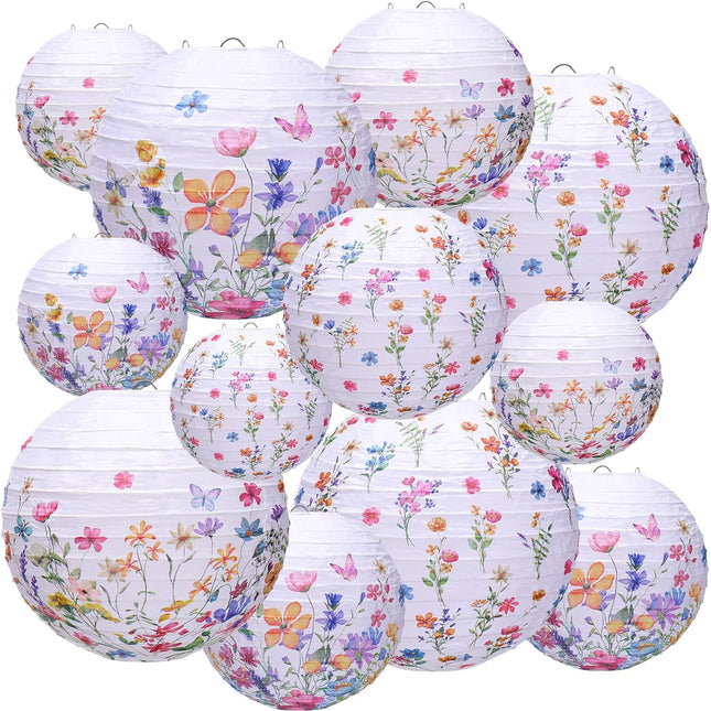12 Pcs Wildflower Paper Lantern Set Floral Party Decorations Flower Round Lanterns Kit for Spring Baby Shower Bridal Wedding Birthday Tea Supplies -