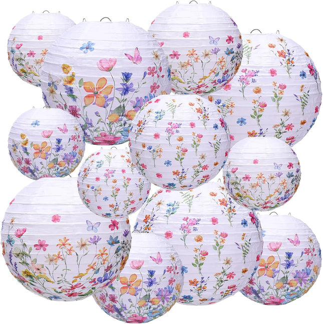 12 Pcs Wildflower Paper Lantern Set Floral Party Decorations Flower Round Lanterns Kit for Spring Baby