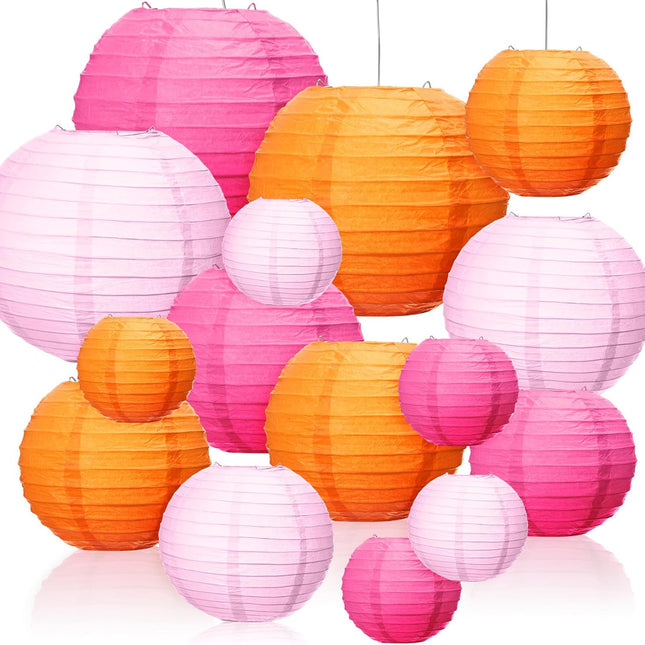 16 Pcs Pink and Orange Paper Lanterns Birthday Party Decorations Mixed Size 6'' 8'' 10'' 12'' Colorful