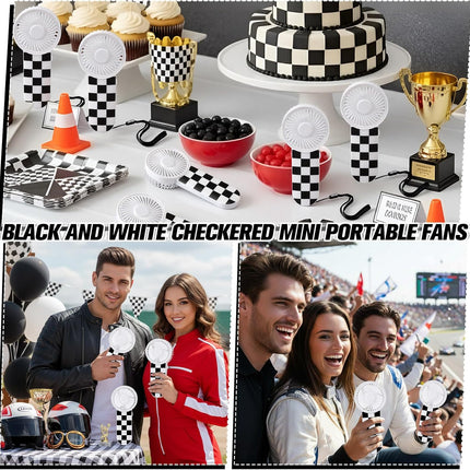 12 Pcs Race Car Party Favors Portable Fan Bulk Mini Handheld Personal Fans Checkered Black and White for Team Gift Travel Summer Outdoor Decorations -