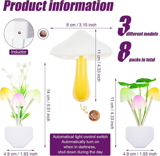 8 Pcs Mushroom Night Light 7 Color Changing Lights LED Lamp Plug into Wall Sensor Cute Plant for Bedroom – product detail