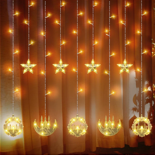 2 Pack Eid Mubarak Fairy Curtain Lights 9.84 ft Star Moon Castle LED Window for Ramadan Home Decoration Gifts Wedding Christmas Party Indoor Holiday