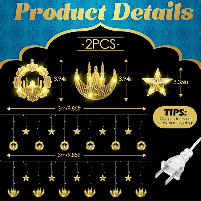 2 Pack Eid Mubarak Fairy Curtain Lights 9.84 ft Star Moon Castle LED Window for Ramadan Home Decoration Gifts Wedding Christmas Party Indoor Holiday
