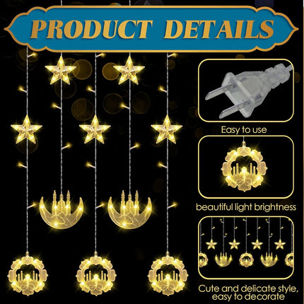 2 Pack Eid Mubarak Fairy Curtain Lights 9.84 ft Star Moon Castle LED Window for Ramadan Home Decoration Gifts Wedding Christmas Party Indoor Holiday -