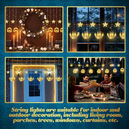 2 Pack Eid Mubarak Fairy Curtain Lights 9.84 ft Star Moon Castle LED Window for Ramadan Home Decoration Gifts Wedding Christmas Party Indoor Holiday -