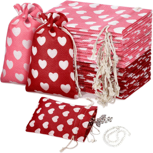24 Pieces Valentine's Day Burlap Bag with Drawstring Linen Heart Red and Pink for 4 x 6 Inches Party Favor