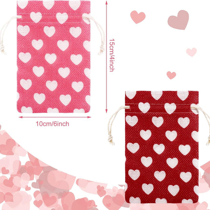 24 Pieces Valentine's Day Burlap Bag with Drawstring Linen Heart Red and Pink for 4 x 6 Inches Party Favor Gift Bags Packing Storage Pouch -