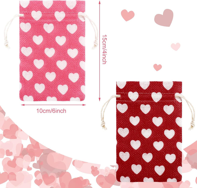 24 Pieces Valentine's Day Burlap Bag with Drawstring Linen Heart Red and Pink for 4 x 6 Inches Party Favor – product detail
