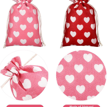 24 Pieces Valentine's Day Burlap Bag with Drawstring Linen Heart Red and Pink for 4 x 6 Inches Party Favor Gift Bags Packing Storage Pouch -
