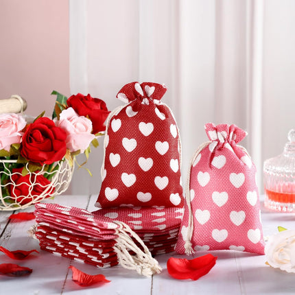 24 Pieces Valentine's Day Burlap Bag with Drawstring Linen Heart Red and Pink for 4 x 6 Inches Party Favor Gift Bags Packing Storage Pouch -