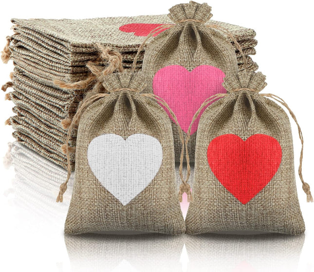 24 Pieces Valentine's Day Heart Burlap with Drawstring Present Bags 4 x 6 Inch Mini V1259-DP01-A-5591