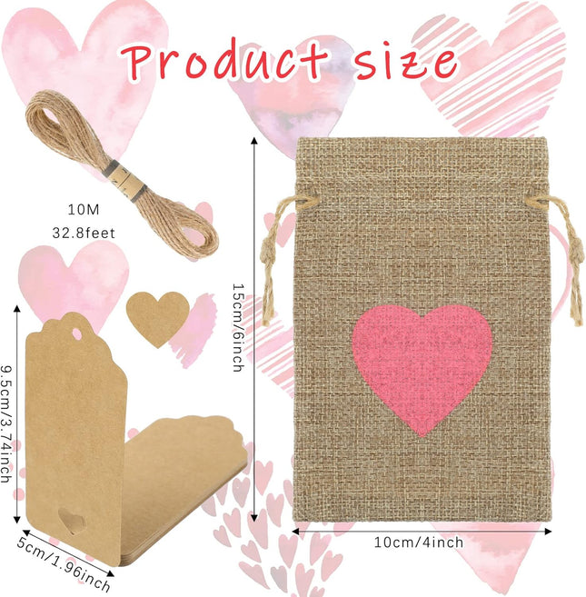 24 Pieces Valentine's Day Heart Burlap with Drawstring Present Bags 4 x 6 Inch Mini – product detail
