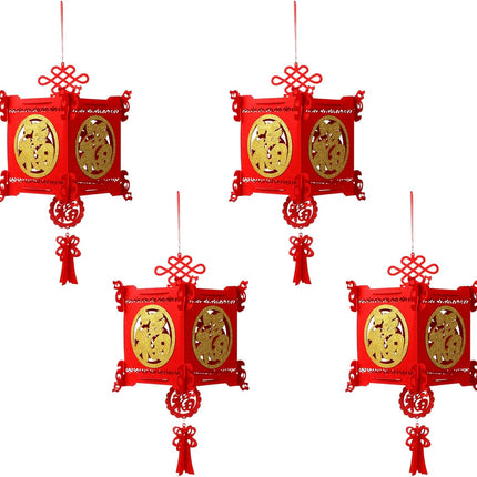 4 Pieces Chinese New Year Lantern Decoration 2026 Lunar Lanterns Lucky Red Fu 3D Puzzle Traditional for Spring Festival Restaurant Celebration(17.7 x 10 Inches,Square) Square 17.7 Inches