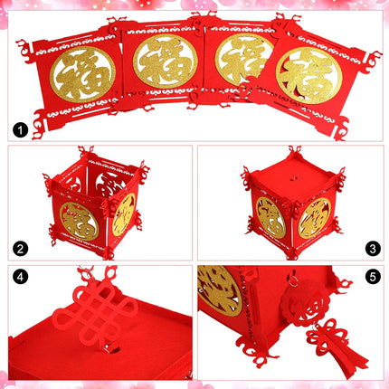 4 Pieces Chinese New Year Lantern Decoration 2026 Lunar Lanterns Lucky Red Fu 3D Puzzle Traditional for Spring Festival Restaurant Celebration(17.7 x 10 Inches,Square) Square 17.7 Inches