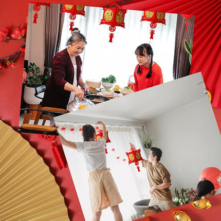4 Pieces Chinese New Year Lantern Decoration 2026 Lunar Lanterns Lucky Red Fu 3D Puzzle Traditional for Spring Festival Restaurant Celebration(17.7 x 10 Inches,Square) Square 17.7 Inches