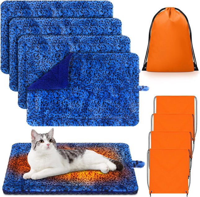 4 Pack Self Warming Cat Bed Mats Leopard Print Dog Thermal Blanket Double Sided Heating