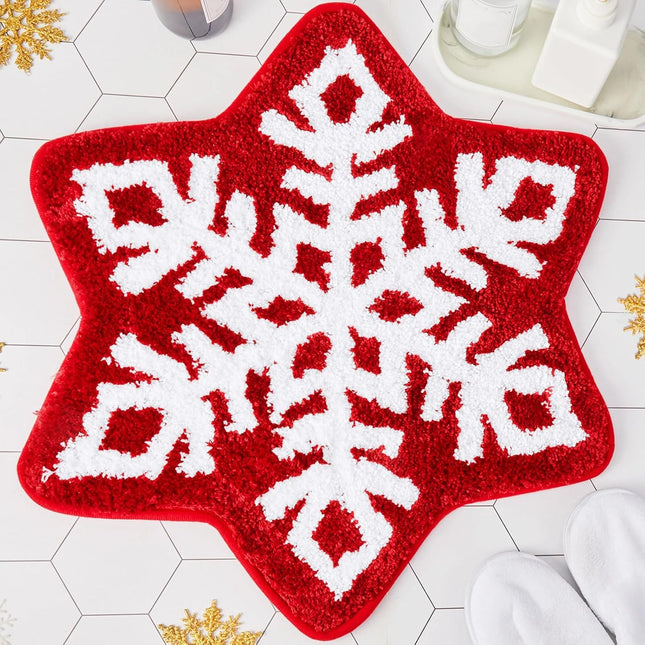 Winter Snowflake Rug Red Bath Mat Bathroom Decor Welcome Non Slip Xmas Washable Bathtub Tub Doormat 21.7''