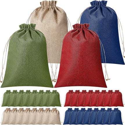 32 Pcs Christmas Large Burlap Gift Bags with Drawstring 12x16 Inch Jewelry Red Green Blue Linen Pouches for Thanksgiving Xmas Wrapping Gifts Birthday Wedding, Party, Household Use -