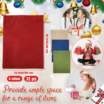 32 Pcs Christmas Large Burlap Gift Bags with Drawstring 12x16 Inch Jewelry Red Green Blue Linen Pouches for Thanksgiving Xmas Wrapping Gifts Birthday Wedding, Party, Household Use -