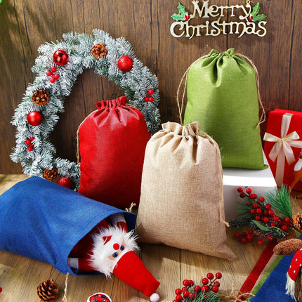 32 Pcs Christmas Large Burlap Gift Bags with Drawstring 12x16 Inch Jewelry Red Green Blue Linen Pouches for Thanksgiving Xmas Wrapping Gifts Birthday Wedding, Party, Household Use -