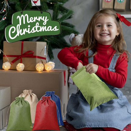 32 Pcs Christmas Large Burlap Gift Bags with Drawstring 12x16 Inch Jewelry Red Green Blue Linen Pouches for Thanksgiving Xmas Wrapping Gifts Birthday Wedding, Party, Household Use -