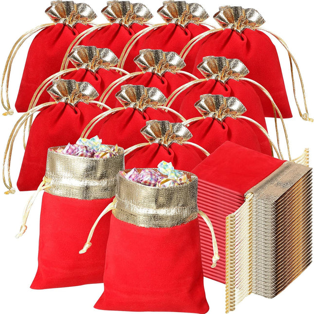 40 Pieces Christmas Velvet Jewelry Bags with Drawstrings Mini Pouches Golden Soft Velour Packaging in Red