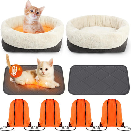 4 Pack Self Warming Cat Bed 17.7 x 13.7 Inch & Heating Mat 16 20 Anti-Slip Soft Round Thermal Heated Pet with Storage Bags for Indoor Outdoor Small Kittens Puppies -