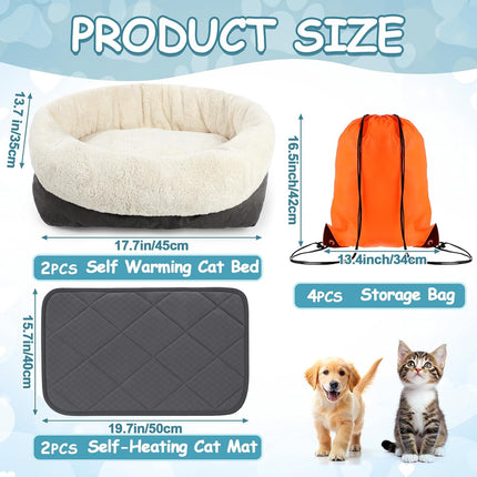 4 Pack Self Warming Cat Bed 17.7 x 13.7 Inch & Heating Mat 16 20 Anti-Slip Soft Round Thermal Heated Pet with Storage Bags for Indoor Outdoor Small Kittens Puppies -
