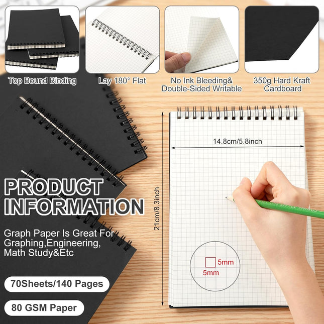 2 Pack Graph Paper Spiral Notepad A5 Top Wirebound Grid Notebook Steno Pads Memo 140 Pages for Writing – product detail