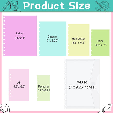 6 Pack 9 Disc Planner Pockets 7 x 9.25 Inches Medium Size Discbound Notebook Dividers Inserts Envelopes Pocket for School Office Home Work Organizer -