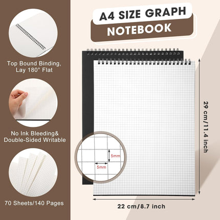 2 Pack Top Spiral Graph Paper Notebooks 8.7 X11.4 Inch A4 Grid Notepad 70 Sheet Memo Steno Pad for Engineering Writing Sketching Drawing School Office Supplies (Black) Black -