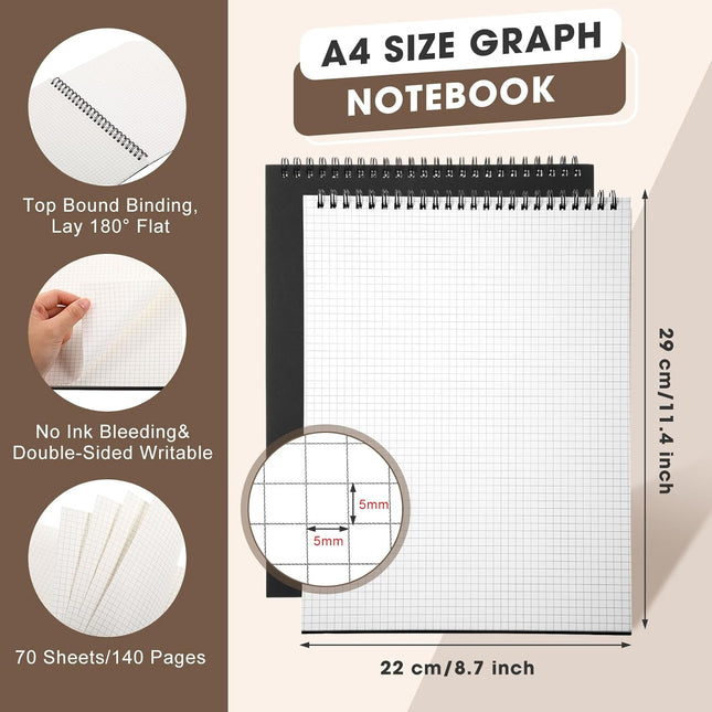 2 Pack Top Spiral Graph Paper Notebooks 8.7 X11.4 Inch A4 Grid Notepad 70 Sheet – product detail